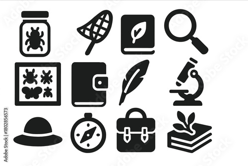 Explorers Icon Set. Solid style icons of Explorers Collection: Specimen Jar, Butterfly Net, Sketchbook, Magnifying Glass, Insect
