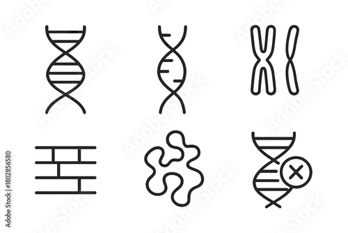Genetics Line Icons. Line style icons of genetics: DNA helix, RNA strand, chromosome, gene sequence, protein structure, mutation