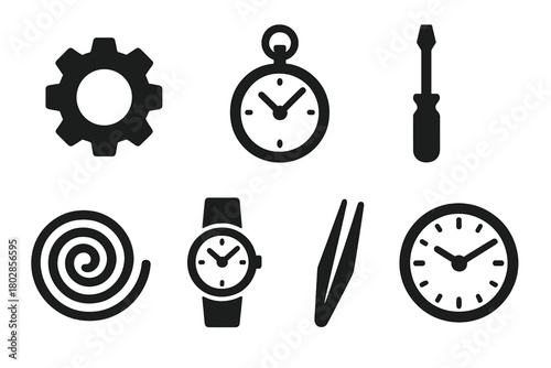 Watchmaking Icon Set. Solid style icons of Watchmaking: Gear, Pocket Watch, Loupe, Screwdriver, Mainspring, Timepiece, Tweezers,