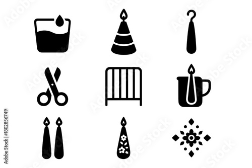 Decorative Candle Icons. Solid style icons of Decorative Candle Dipping: Colored Wax, Layered Candle, Hanging Wick, Scissors,