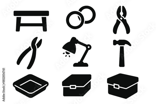 Workshop Essentials Icons. Solid style icons of Workshop Essentials: Wooden Table, Metal Rings, Pliers, Wire Cutter, Lamp Light,