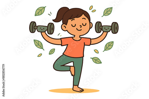 Playful Balance Pose. Playful balance pose with tiny smiling weights and floating doodle leaves around