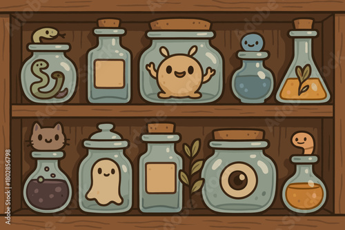 Quirky Apothecary Shelf. Cartoon apothecary shelf lined with jars, bottles, and tiny doodle creatures peeking out