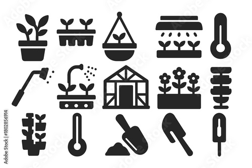 Greenhouse Essentials Icons. Solid style icons of greenhouse items: potted herbs, seedlings in tray, hanging planter, grow light,
