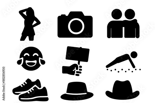 Social Media Stunt Icons. Solid style icons of Viral Social Media Stunts: Pose, Camera, Friends, Laughter, Props, Uncommon Surface