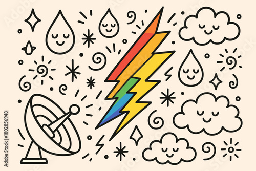 Rainbow Lightning Magic. Magical doodle vector design of a radar beam turning into rainbow lightning, filled with smiling