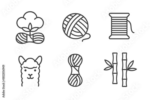Knitting Materials Icons. Line style icons of knitting materials: cotton yarn, wool yarn, silk thread, alpaca fiber, linen yarn,