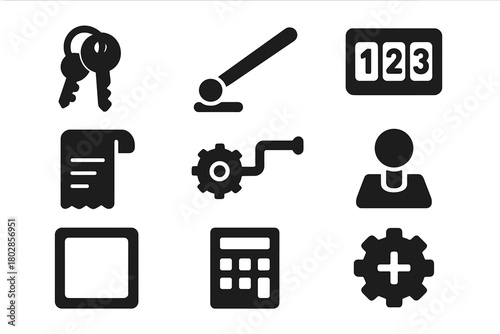 Mechanical Calculation Elements. Solid style icons of Mechanical Calculation: Keys, Lever, Printed Numbers, Paper Roll, Crank,