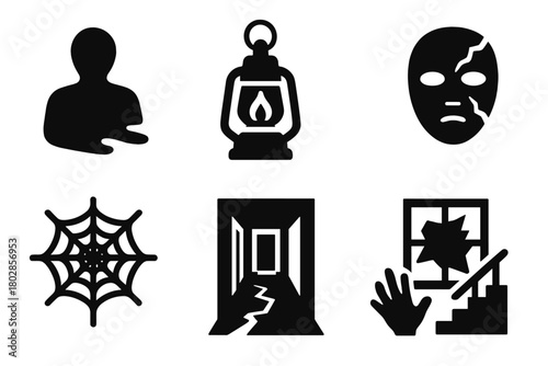 Eerie Haunting Icons. Solid style icons of Haunting Atmosphere: eerie shadow, dim lantern, cracked mask, cobweb, abandoned