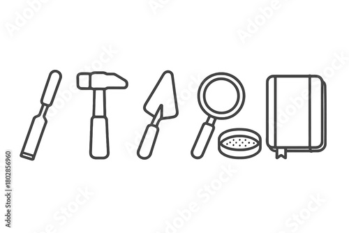 Excavation Tools Icons. Line style icons of excavation tools: chisel, hammer, trowel, magnifying glass, sieve, field notebook. No