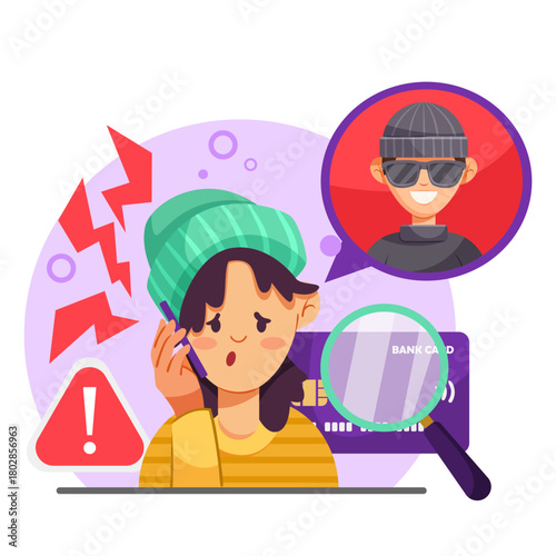 Woman talking on phone with scammer icon, worried expression, flat cartoon style, white background, concept of fraud and identity theft. Vector illustration