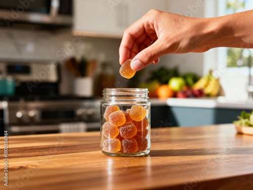 A Person's Hand Reaching for a Sugar-Coated Orange Gummy Candy from a Glass Jar on a Wooden Kitchen Countertop