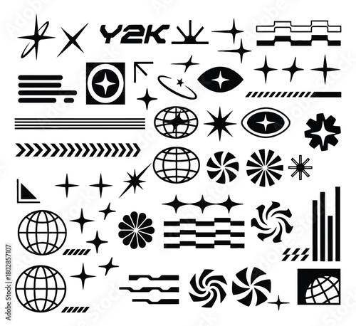 Collection of y2k inspired abstract graphic design elements and futuristic symbols for digital art and design