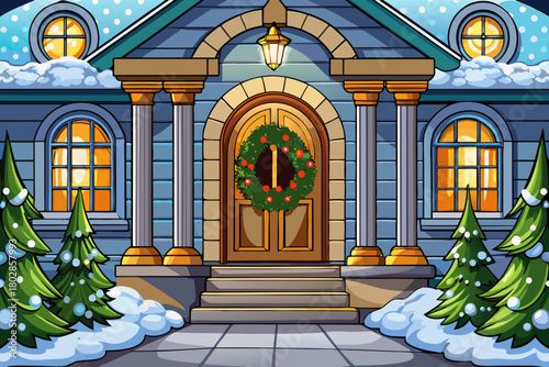 Winter scene including modern house entrance with decorative wreath on the front door, snowy ground, glowing lanterns lighting path, quiet seasonal atmosphere and cozy holiday exterior design environm