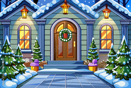 Winter scene including modern house entrance with decorative wreath on the front door, snowy ground, glowing lanterns lighting path, quiet seasonal atmosphere and cozy holiday exterior design environm
