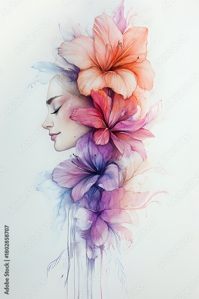 Obraz premium Delicate watercolor illustration of woman's profile with vibrant hibiscus and lily flowers in coral, pink, and purple hues, creating ethereal feminine composition.