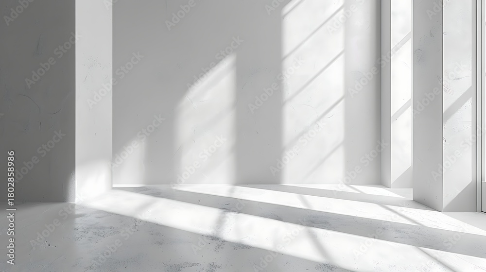 Obraz premium Interior space with white walls and sunlight streaming through windows creating shadows on the floor