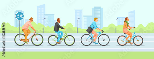 People riding bikes on a city road, cartoon style, with urban buildings and green trees in background. Concept of eco transport. Vector illustration