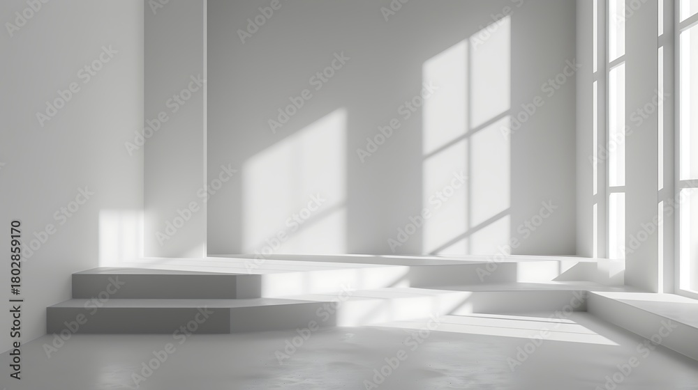 Fototapeta premium A bright minimalist interior with steps leading to a window with sunlight streaming through it all in white
