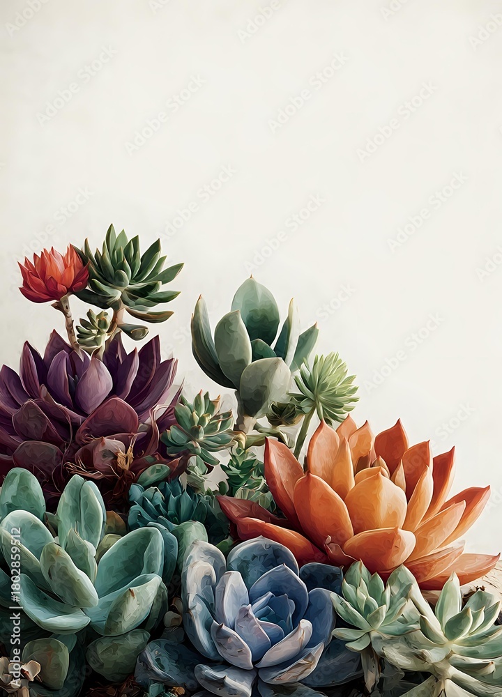 Fototapeta premium Colorful succulent arrangement with purple, orange, blue, and green plants against neutral beige background, perfect for botanical design projects.
