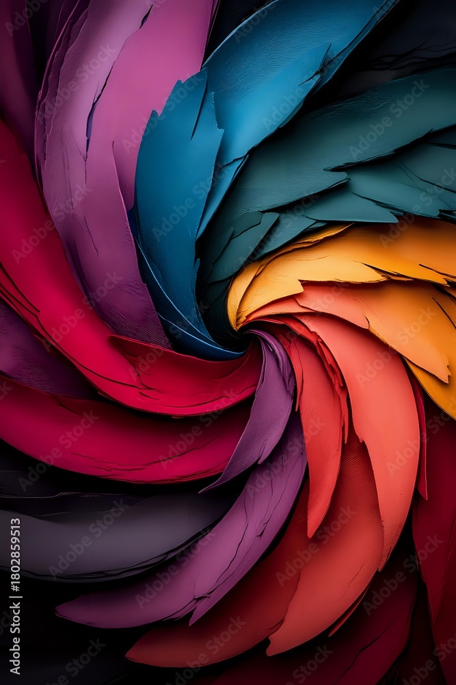 Obraz premium Vibrant spiral arrangement of colorful paper or fabric layers in pink, blue, orange, red, and purple tones creating a dynamic swirling pattern against dark background.