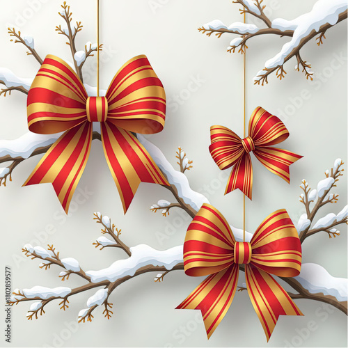 Wallpaper with large, golden and red, striped bows cascading across snowy branches, a reinterpretation of traditional Christmas decoration.eps