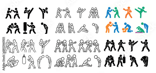 Martial arts icon set in various styles