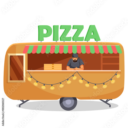 Mobile pizza truck with vendor leaning on counter, decorated with lights, flat graphic style on white background. Concept of street food. Vector illustration