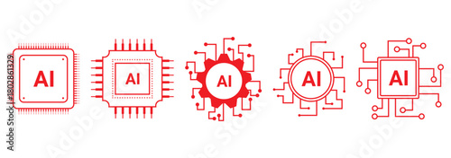 Artificial intelligence outline icons: AI neural brain, data algorithms, generative automation, cloud networks, circuits, collaboration, devices—clean technology vector, editable stroke