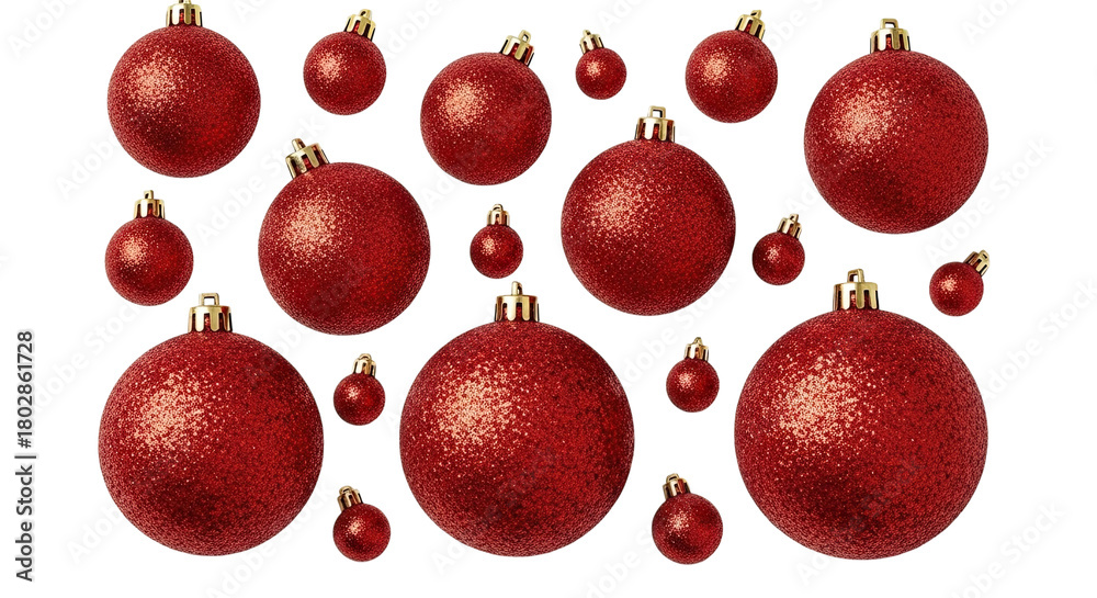 Fototapeta premium A festive pattern of sparkling red glitter Christmas baubles of various sizes floating against a solid black background, creating a classic holiday season decoration concept