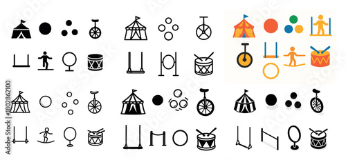 Circus icon set with tents and props