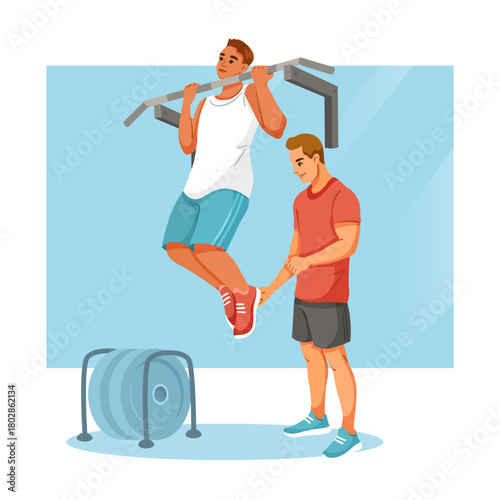 Athletic man performs pull-ups while being assisted by a trainer, shown in cartoon style on a gym background. Concept of workout training. Vector illustration