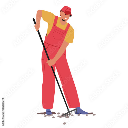 Gardener character using rake, clearing and leveling stones while carrying out landscaping work