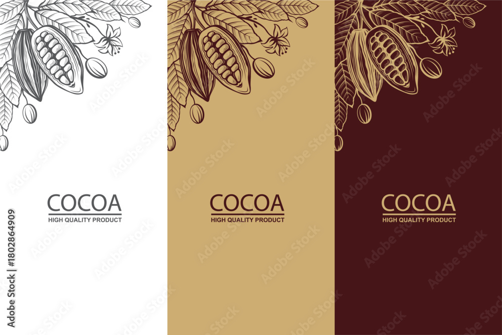 Obraz premium collection of cocoa packages with beans, branch and leaves