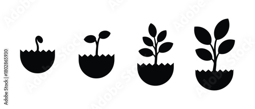 Plant growth stages icon set, Seedling sprout development process