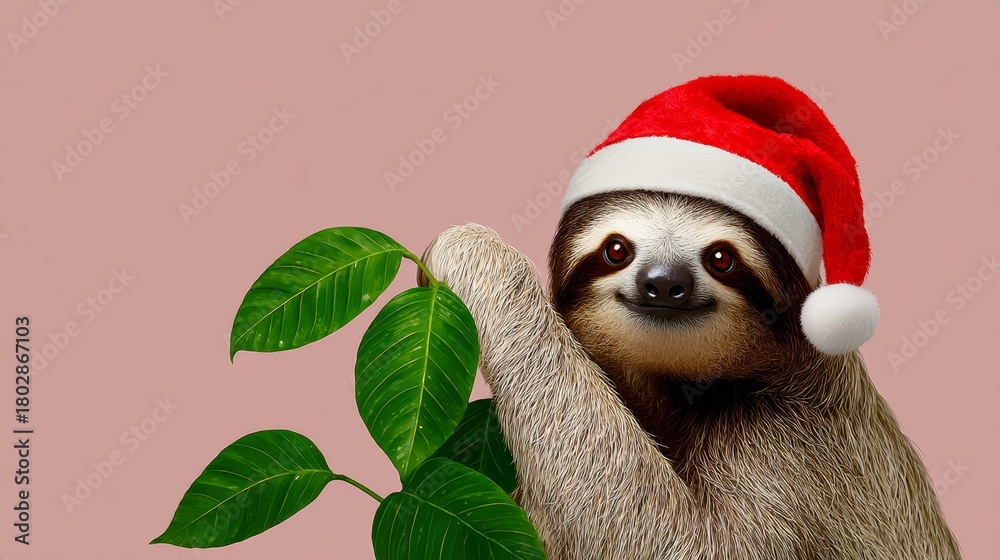 Naklejka premium Sloth wearing a Santa hat is holding a leaf