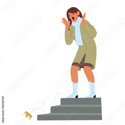 Shocked young trendy fashion woman loosing golden crown while stepping stairs isolated on white