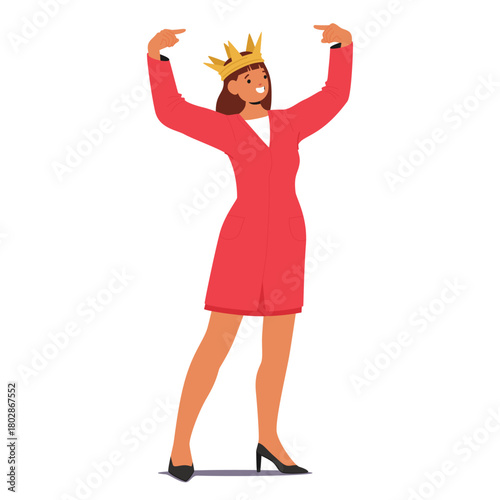 Woman cartoon character in elegant dress pointing at golden crown on her head isolated on white