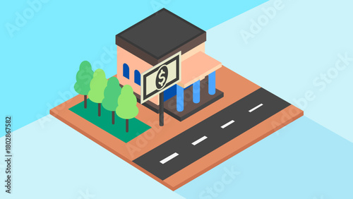 Bank Building Isometric Infographics Design Template Building, Tree and Banknotes. Presentation Graph. Vector Illustration for Education, Business, Financial, Economy Management.