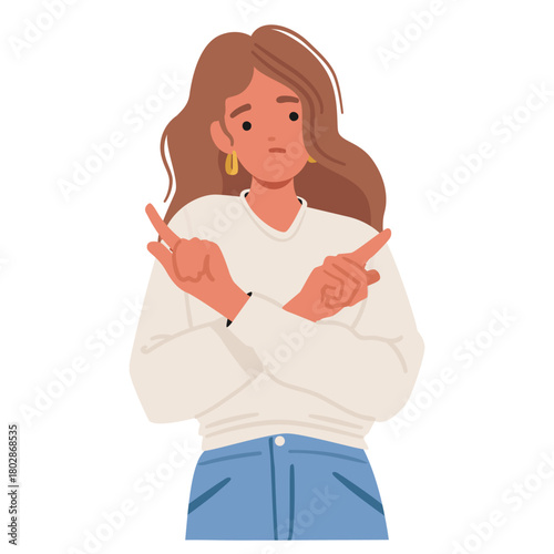 Young woman cartoon character pointing two fingers aside having trouble with decision portrait