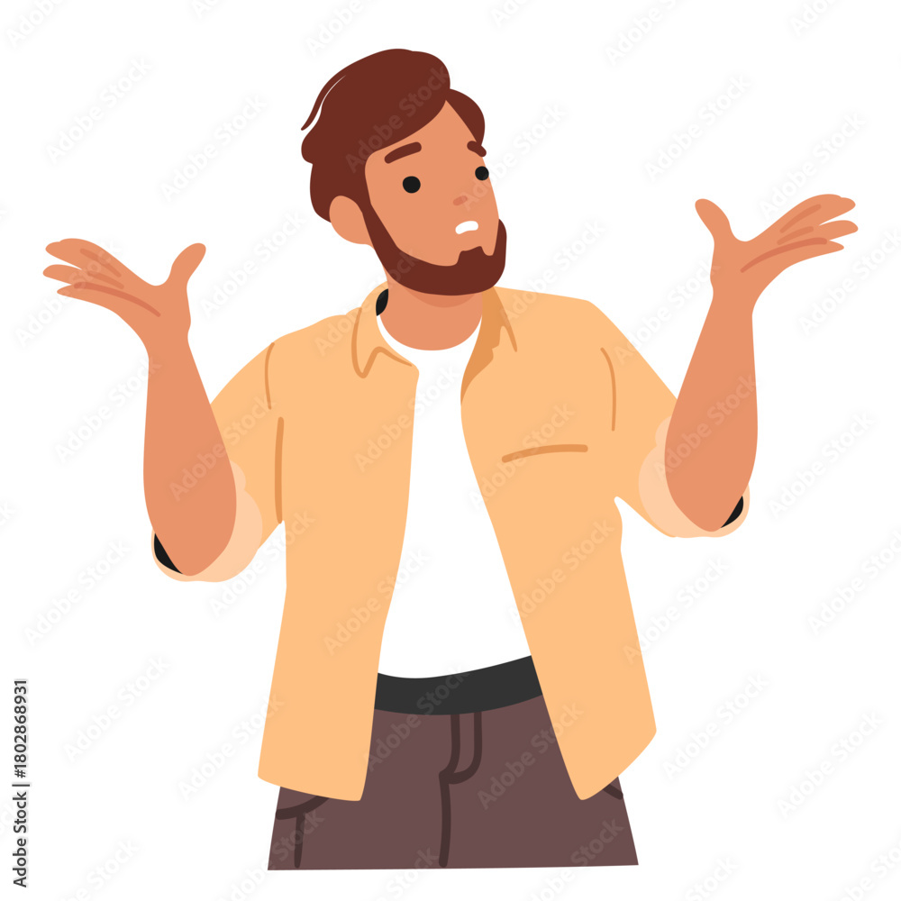Fototapeta premium Emotional guy cartoon character gesturing with arms making choice feeling confusion and uncertainty