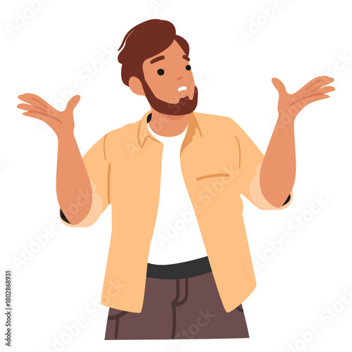 Emotional guy cartoon character gesturing with arms making choice feeling confusion and uncertainty