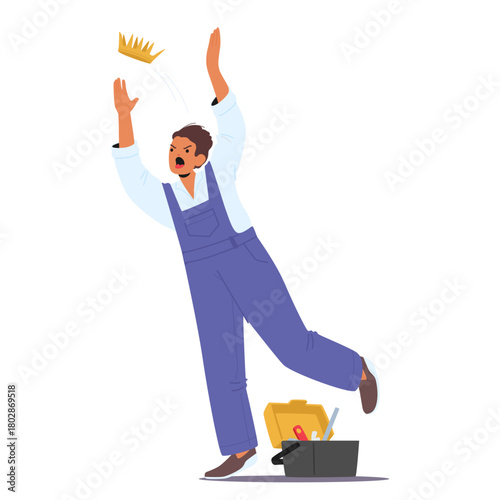 Angry furious repairman cartoon character screaming and yelling with golden crown flew off his head
