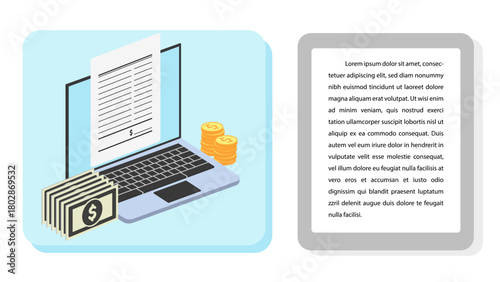 Income, Earnings, Salary and Laptop Flat Simple  Isometric Infographics Design Template. Presentation Graph. Vector Illustration for Business, Financial, Economy Management.