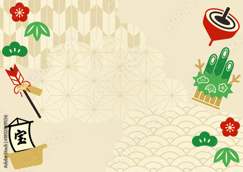 
門松や破魔矢など正月モチーフが描かれた和風背景イラスト