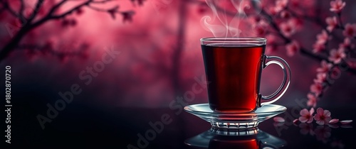 Glass mug of hot tea on glass saucer reflected in dark surface against luxurious dark pink spring background with copy space for text