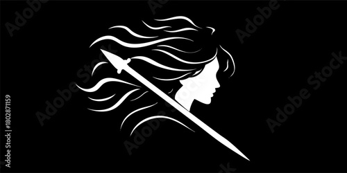 Silhouette of Woman with Spear and Flowing Hair