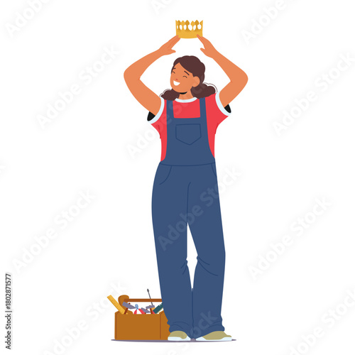 Female repairman in work clothes putting golden crown on her head isolated on white background