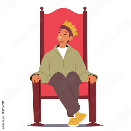 Teenage boy character in golden crown sitting on throne aspiring power, leadership and self-esteem