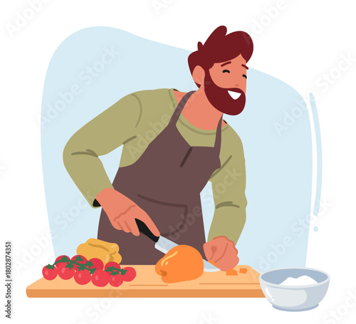Happy man cartoon character cutting vegetables for salad while cooking dinner at home kitchen